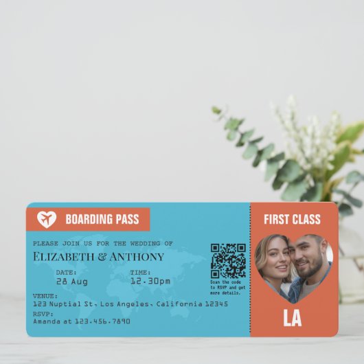 Burnt Orange & Aqua Blue Boarding Pass Wedding Einladung (Stehend Vorderseite)