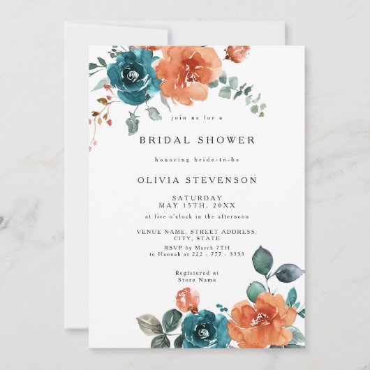 Burnt Orange Aquamarin Blumendusche Einladung (Vorderseite)