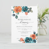 Burnt Orange Aquamarin Floral Fall Probe Abendesse Einladung (Stehend Vorderseite)