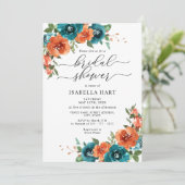 Burnt Orange Aquamarin Floral Rustikales Brautpart Einladung (Stehend Vorderseite)