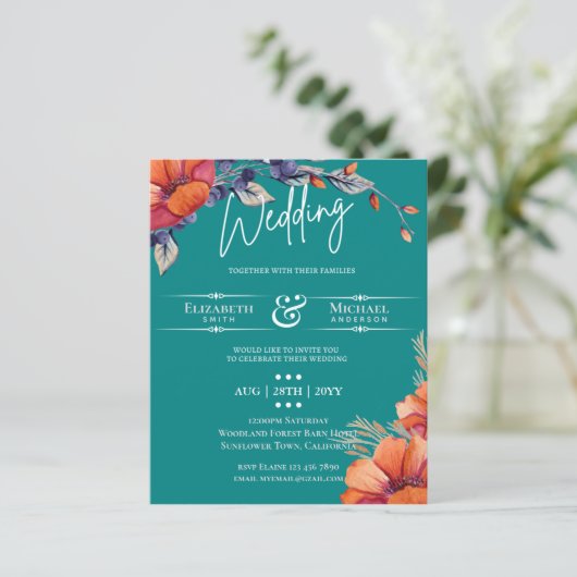 Burnt Orange Aquamarin Floral Wedding Rustic (Stehend Vorderseite)