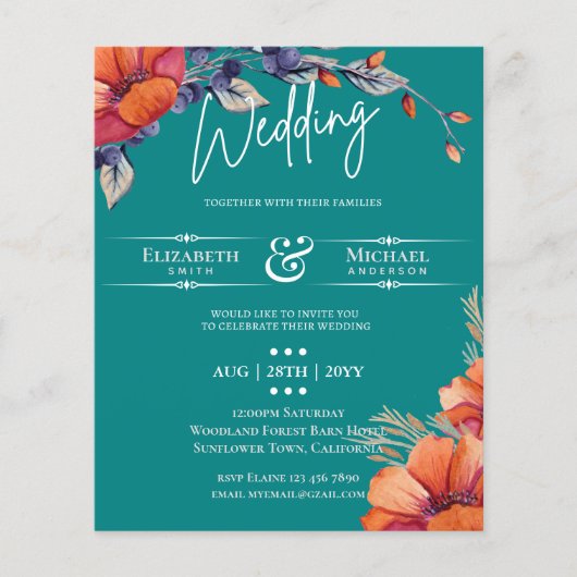 Burnt Orange Aquamarin Floral Wedding Rustic (Vorderseite)