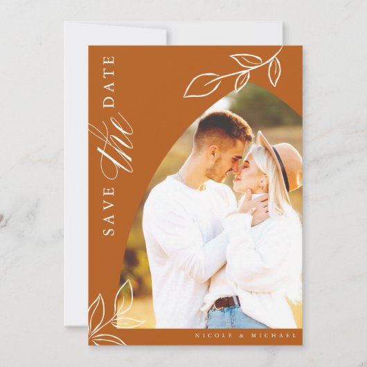 Burnt Orange Arch Boho Minimal Leaf Foto Save The Date (Vorderseite)
