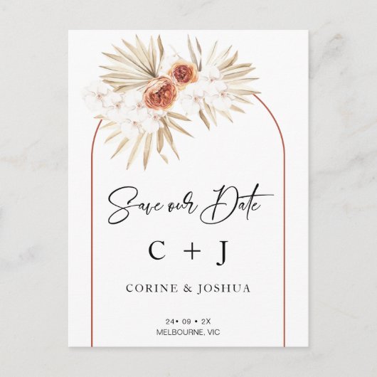 Burnt Orange Arch Dry Floral Save the Date Postkarte (Vorderseite)