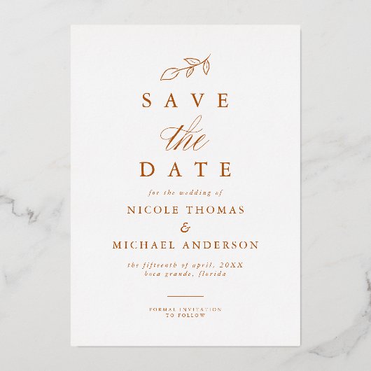 Burnt Orange Arch Foil Leaf Save the Date Karte (Rückseite)