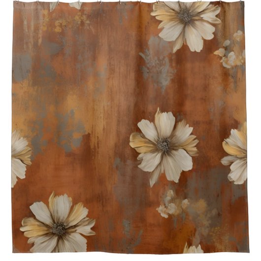 Burnt Orange Beige Gray Bauernhaus Floral Duschvorhang (Vorderseite)