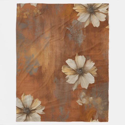 Burnt Orange Beige Gray Bauernhaus Floral Large Fleecedecke (Vorderseite)