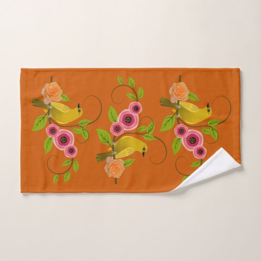 Burnt Orange - Bird & Yellow Rose Badhandtuch Set (Handtuch)
