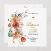 Burnt Orange Bloral Gold Cross Taufe Christening Einladung (Vorne/Hinten)