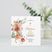 Burnt Orange Bloral Gold Cross Taufe Christening Einladung (Stehend Vorderseite)