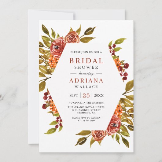 Burnt Orange Bloral Herbst Brautparty Einladung (Vorderseite)