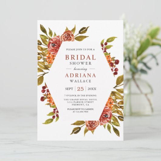 Burnt Orange Bloral Herbst Brautparty Einladung (Stehend Vorderseite)