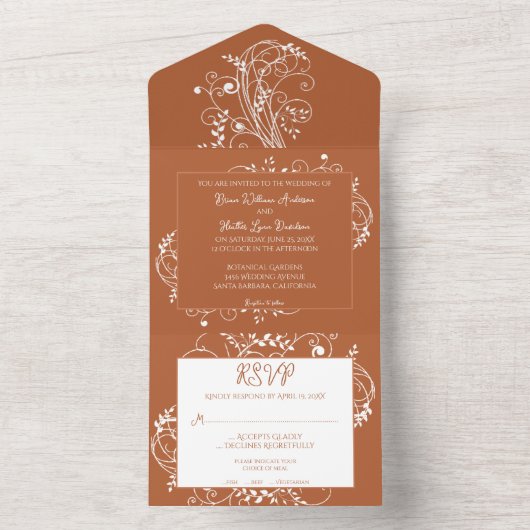 Burnt Orange Blüh Wedding All In One Einladung (Innen Boden)