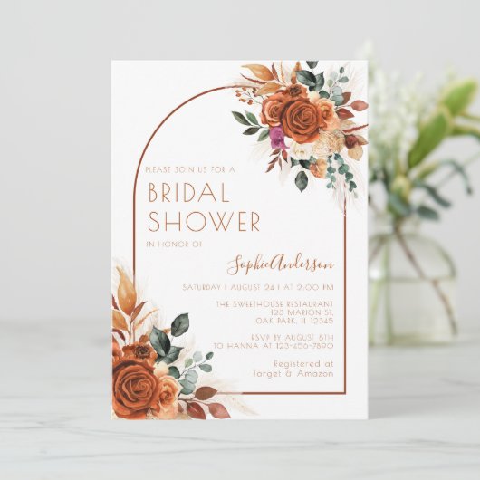 Burnt Orange Blume Pampas Grass Brautparty Einladung (Stehend Vorderseite)