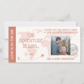 Burnt Orange Boarding Pass Hochzeit in Urlaubsort Dankeskarte (Vorderseite)