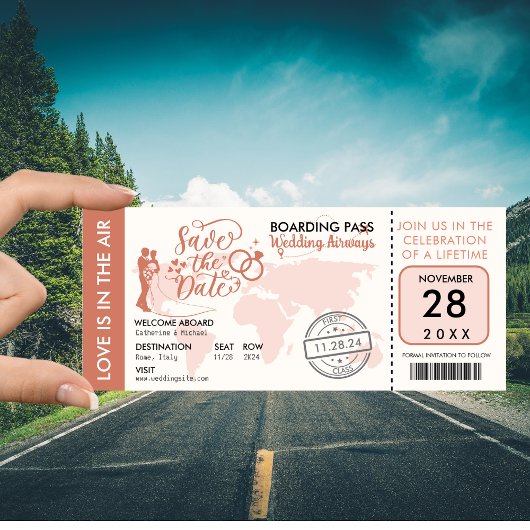 Burnt Orange Boarding Pass Hochzeit in Urlaubsort Save The Date