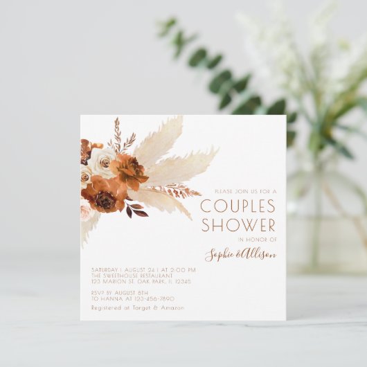 Burnt Orange Bohemisch Pampas Grass Couples Dusche Einladung (Stehend Vorderseite)