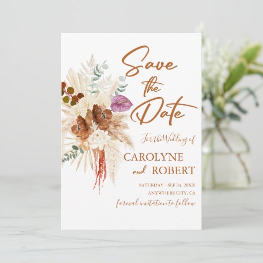 Burnt Orange Bohemisch Pampas Grass Save the Date Einladung (Stehend Vorderseite)