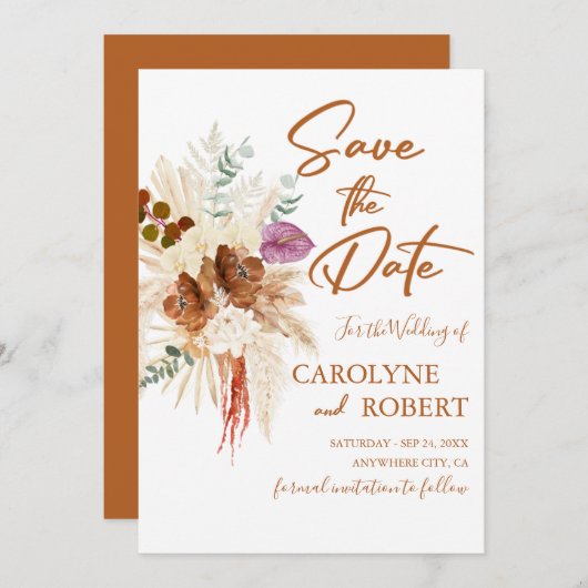 Burnt Orange Bohemisch Pampas Grass Save the Date Einladung (Vorne/Hinten)