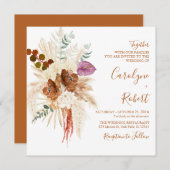 Burnt Orange Bohemisch Pampas Grass Square Hochzei Einladung (Vorne/Hinten)