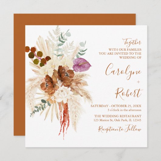 Burnt Orange Bohemisch Pampas Grass Square Hochzei Einladung (Vorne/Hinten)