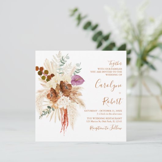 Burnt Orange Bohemisch Pampas Grass Square Hochzei Einladung (Stehend Vorderseite)