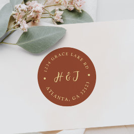 Burnt Orange Boho Monogram Wedding Rücksendeadress Runder Aufkleber