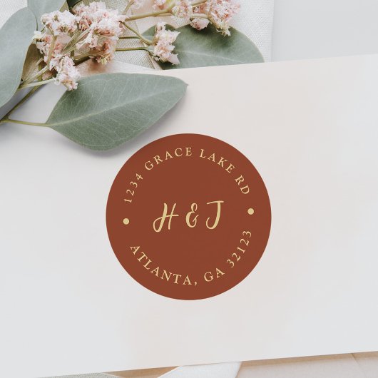Burnt Orange Boho Monogram Wedding Rücksendeadress Runder Aufkleber