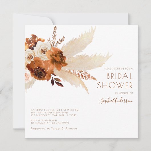 Burnt Orange Boho Pampas Grass Brautparty Einladung (Vorderseite)