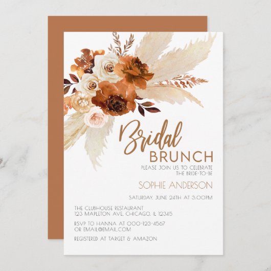 Burnt Orange Boho Pampas Grass Bridal Brunch Einladung (Vorne/Hinten)