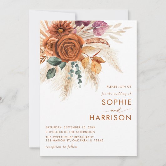 Burnt Orange Boho Pampas Grass Rust Wedding Einladung (Vorderseite)