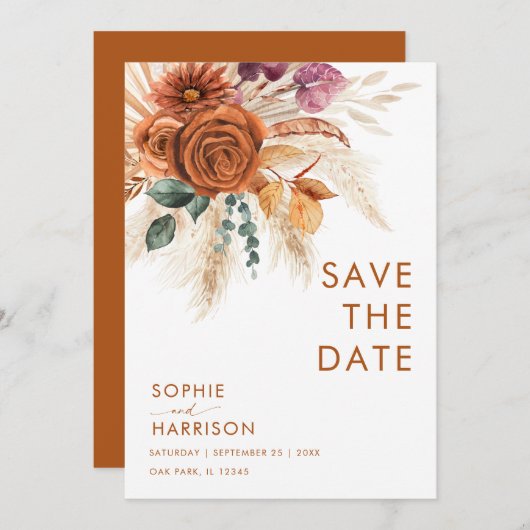 ?Burnt Orange Boho Pampas Grass Save the Date Einladung (Vorne/Hinten)