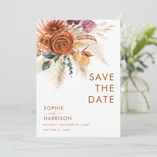 ?Burnt Orange Boho Pampas Grass Save the Date Einladung (Stehend Vorderseite)