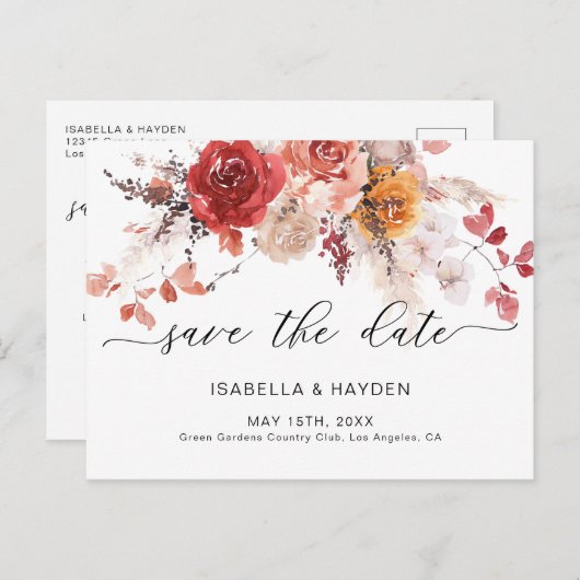 Burnt Orange Boho Pampas Terracotta Save the Date Ankündigungspostkarte (Vorne/Hinten)