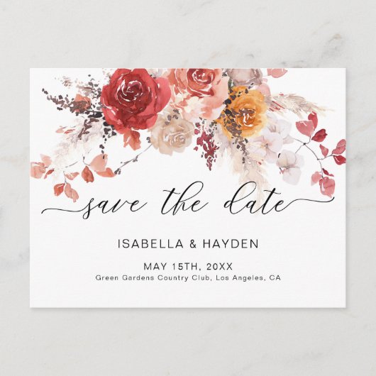 Burnt Orange Boho Pampas Terracotta Save the Date Ankündigungspostkarte (Vorderseite)