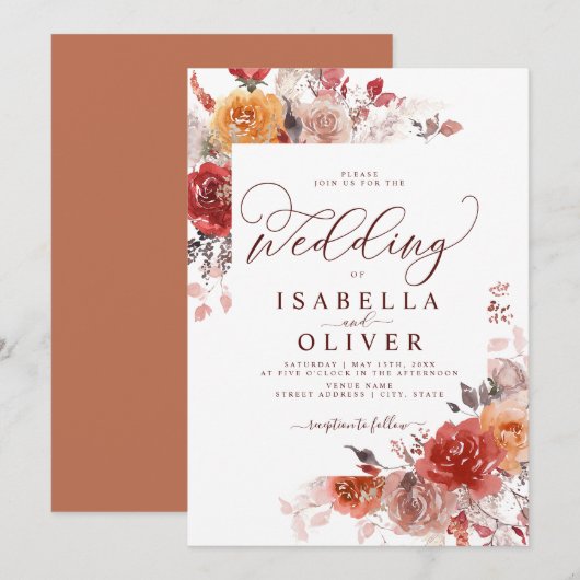 Burnt Orange Boho Terracotta Burgundy Wedding Invi Einladung (Vorne/Hinten)