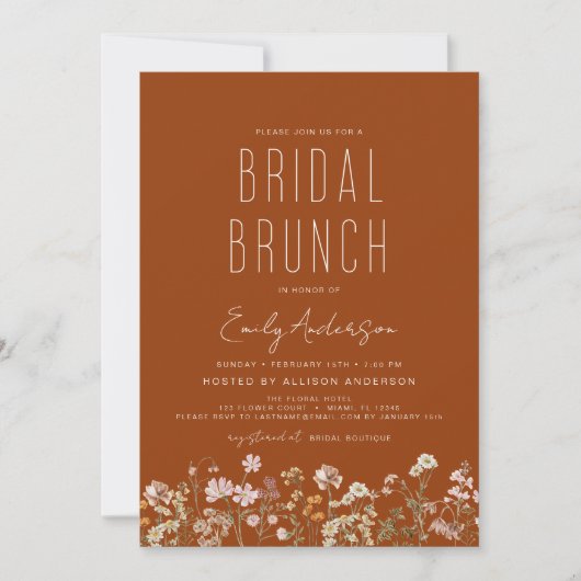 Burnt Orange Boho Wildblume Bridal Brunch Dusche Einladung (Vorderseite)