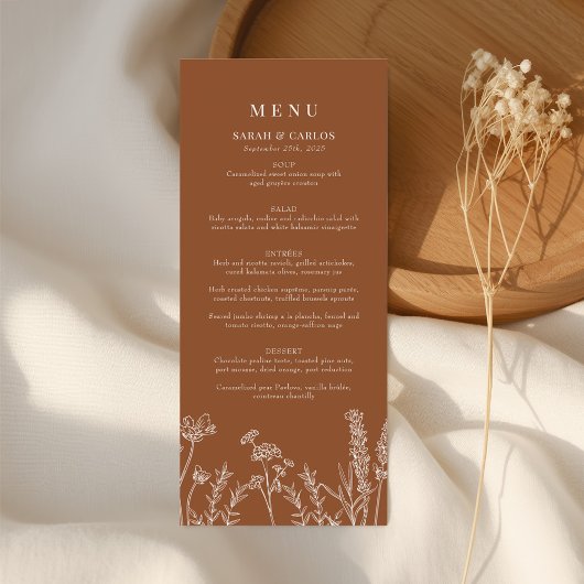Burnt Orange Boho Wildblume Hochzeitsempfang Menükarte