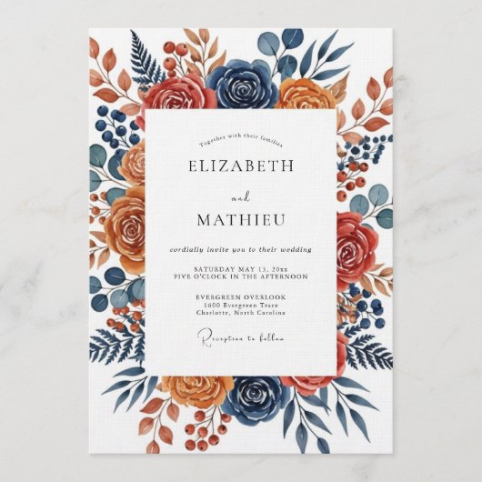 Burnt Orange Botanical Bloom Wedding Einladung (Vorderseite)