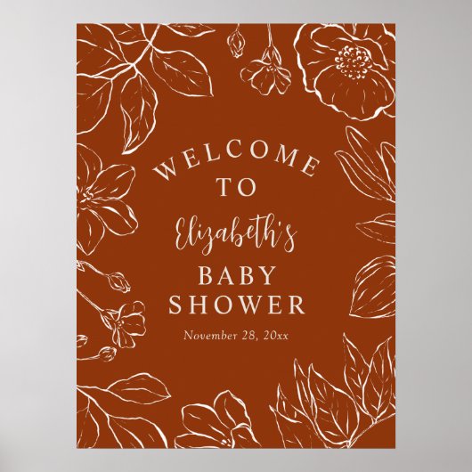 Burnt Orange Botanical Floral Baby Dusche Begrüßun Poster (Vorne)