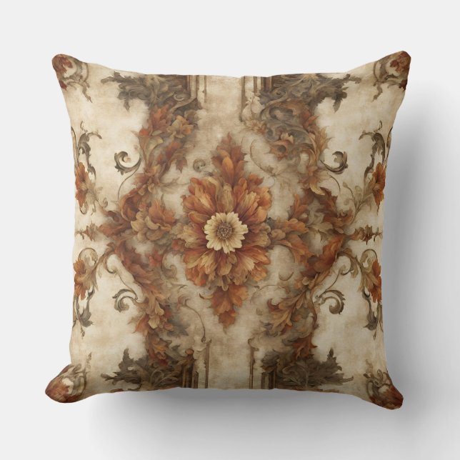 Burnt Orange Brown Cream Rust Barock Floral Kissen (Vorderseite)