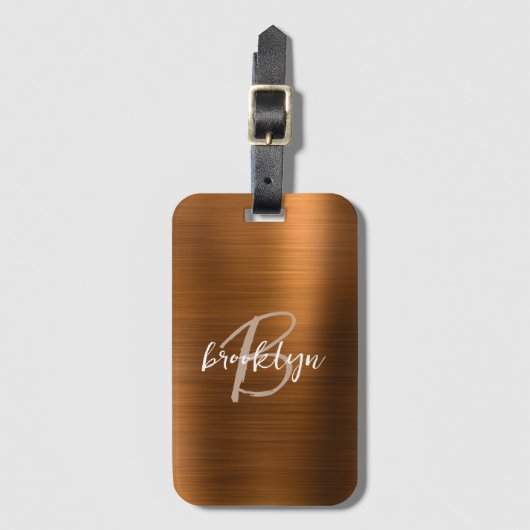 Burnt Orange Brushed Metal Script Monogram Gepäckanhänger (Vorderseite Vertikal)