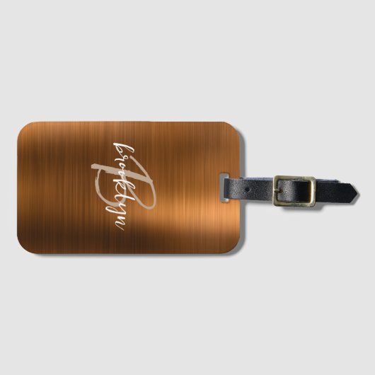 Burnt Orange Brushed Metal Script Monogram Gepäckanhänger (Vorderseite (Horizontal))