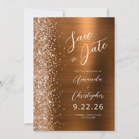 Burnt Orange Brushed Metal Script Save the Date Ankündigung (Vorderseite)