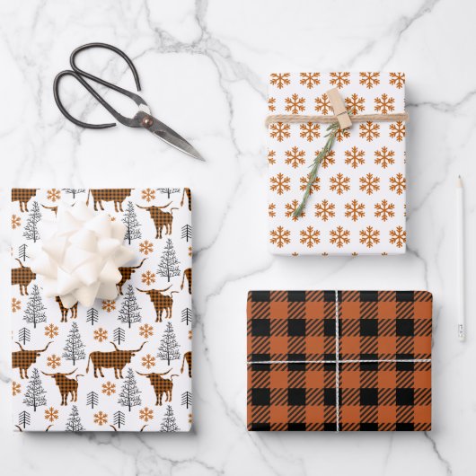 Burnt Orange Buffalo Plaid Longhorn Pattern Geschenkpapier Set (Vorderseite)