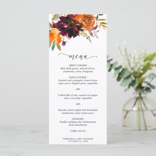 Burnt Orange Burgundy Fall Rustikale Hochzeit Menükarte (Stehend Vorderseite)