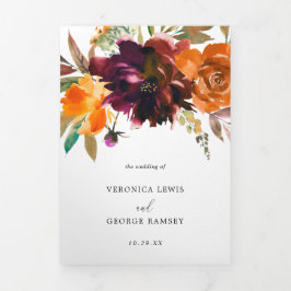 Burnt Orange Burgundy Floral Foto Elegante Hochzei Dreifach Gefaltete Einladung