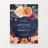 Burnt Orange Burgundy Floral Navy QR Code Hochzeit Dreifach Gefaltete Einladung (Cover)