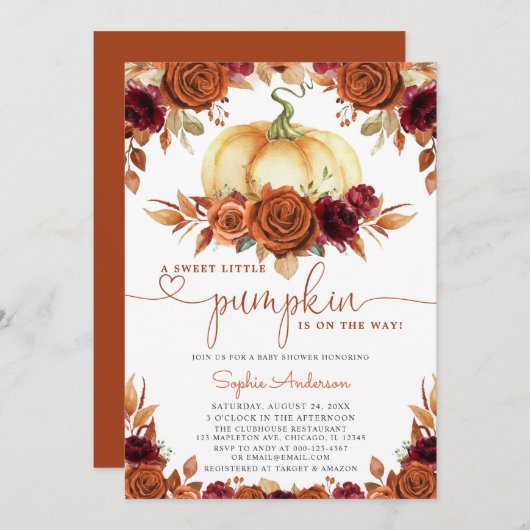 Burnt Orange Burgundy Floral Pumpkin Baby Shower Einladung (Vorne/Hinten)