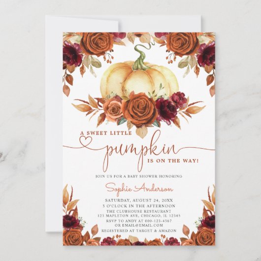 Burnt Orange Burgundy Floral Pumpkin Baby Shower Einladung (Vorderseite)